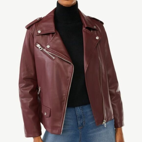 Scoop Faux Leather Moto Jacket Tawny Port Wine Biker Jacket Women’s Size Small - Picture 1 of 12